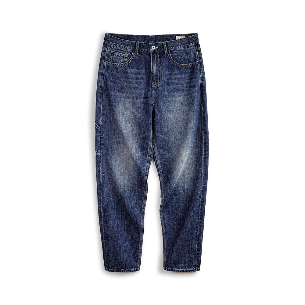 美式復古磨白伐木牛仔褲水洗丹寧寬鬆純棉直筒長褲子男夏-Retro's Wear