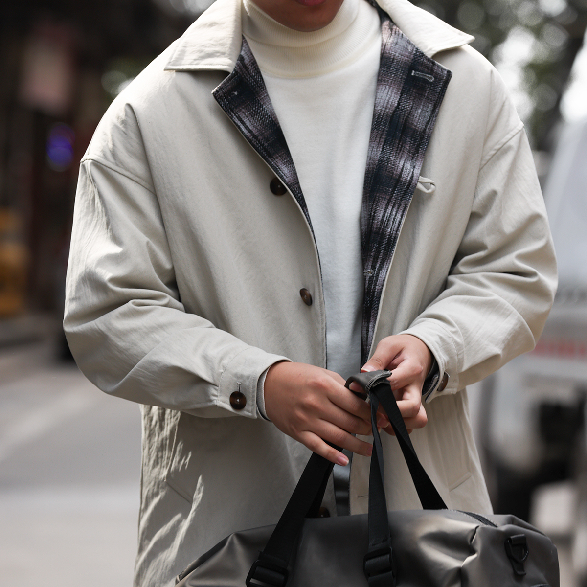 美式休閒翻領中長款風衣男夾棉加厚單排扣簡約棉衣外套