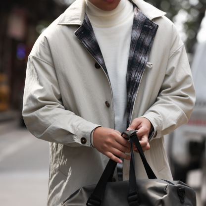 美式休閒翻領中長款風衣男夾棉加厚單排扣簡約棉衣外套