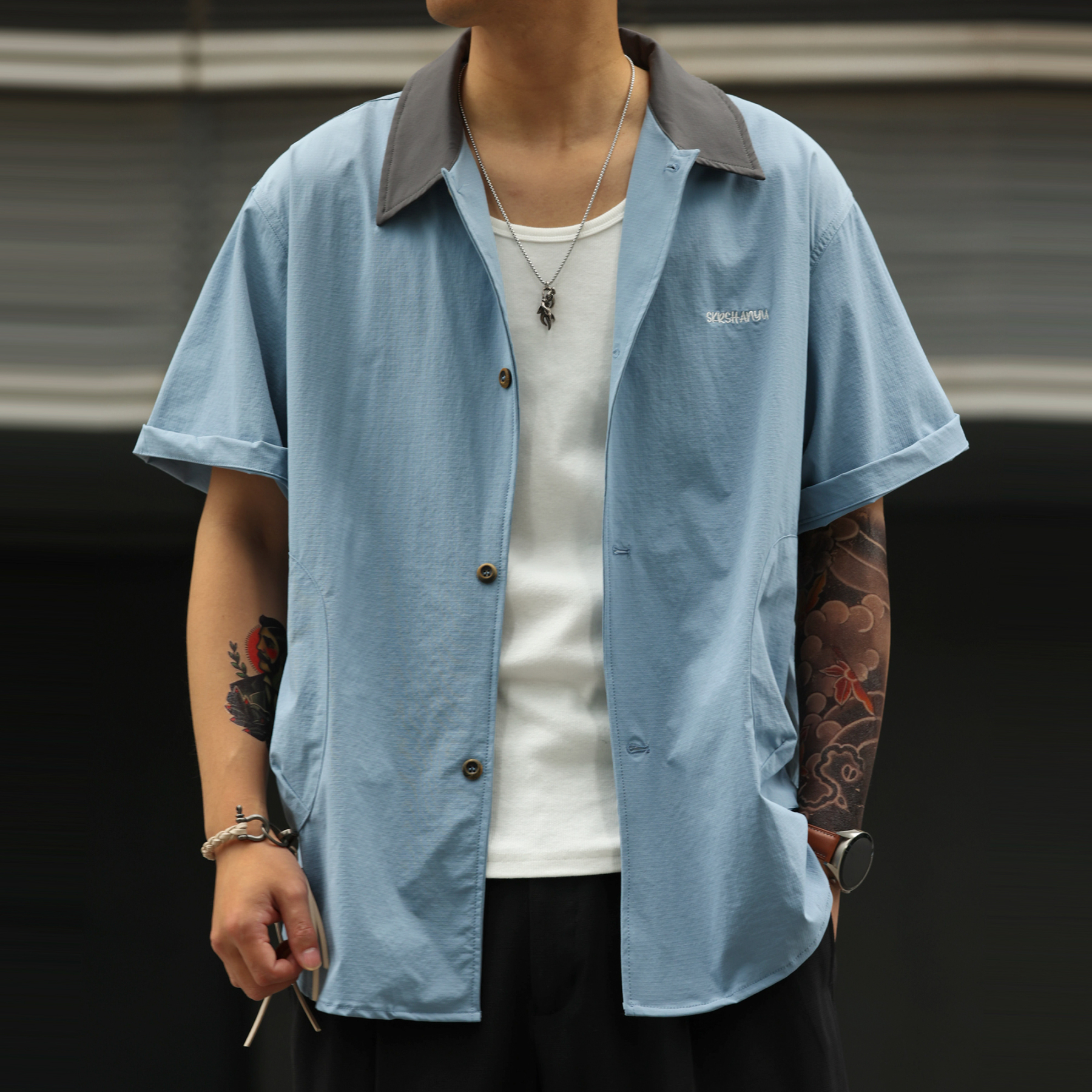 美式巴恩風涼感速幹短袖襯衣男薄款復古疊穿襯衫外套夏