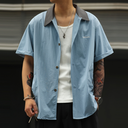 美式巴恩風涼感速幹短袖襯衣男薄款復古疊穿襯衫外套夏