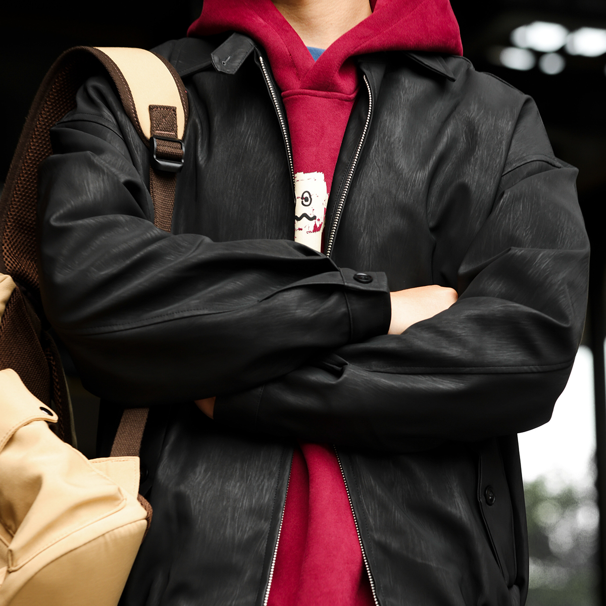 美式復古哈靈頓皮衣夾克男PU樹皮紋痞帥外搭翻領外套