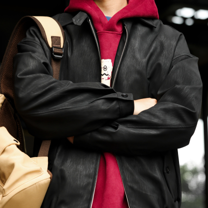 美式復古哈靈頓皮衣夾克男PU樹皮紋痞帥外搭翻領外套