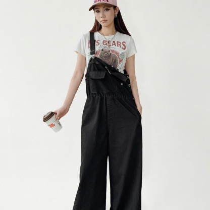 美式黑色闊腿直筒工裝連體背帶褲顯瘦收腰純棉吊帶褲子女士春