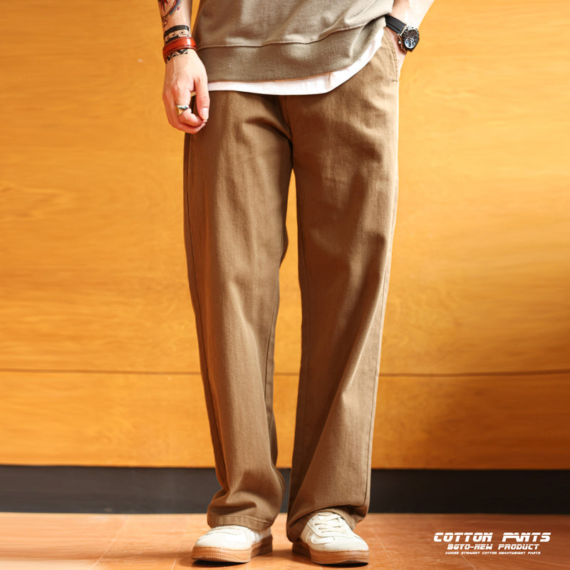 美式休閒墜感直筒休閒褲子男大碼簡約Vintage工裝純棉長褲秋-Retro's Wear