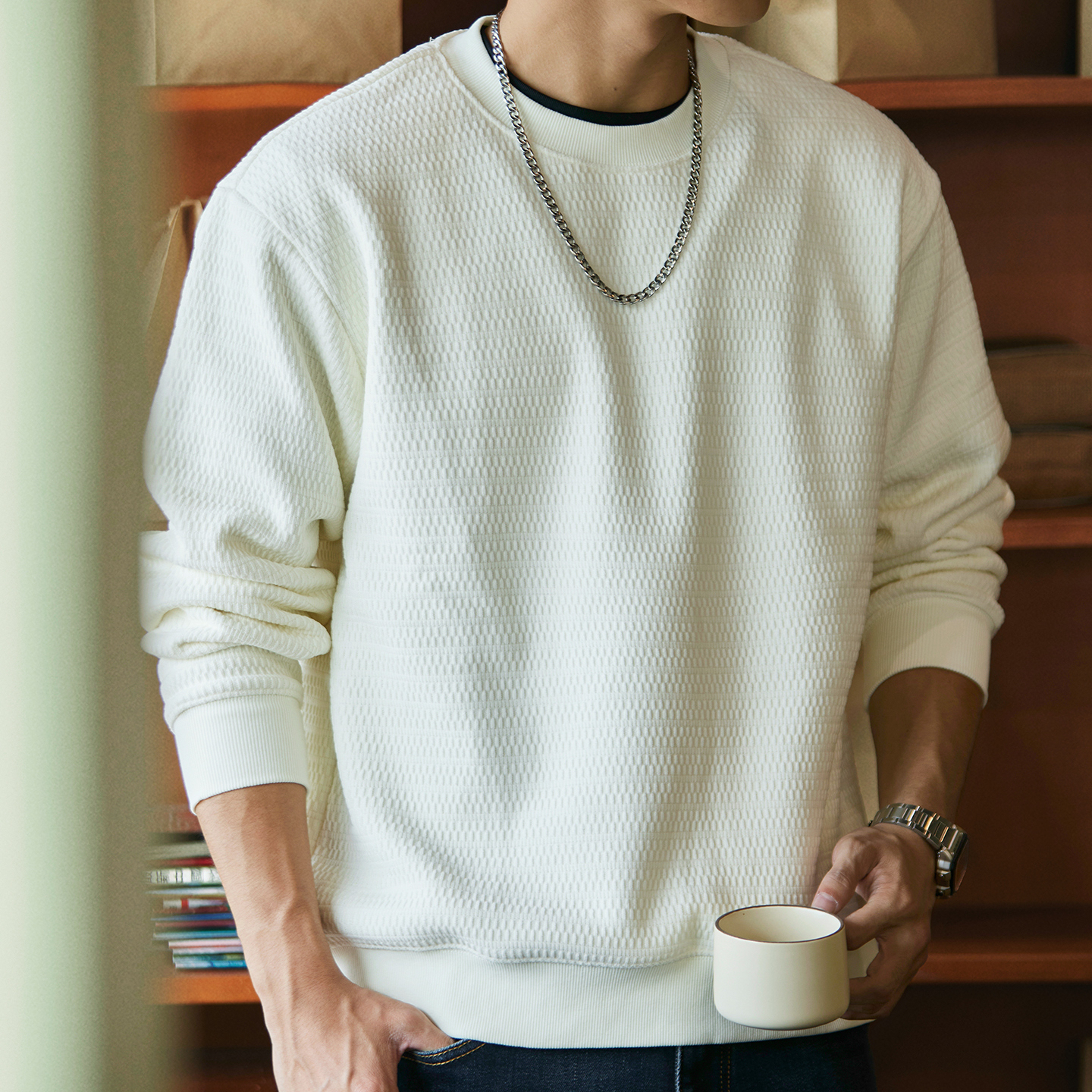 加絨歐棉絨肌理感圓領衛衣男士2025冬季新款內搭加厚保暖長袖上衣