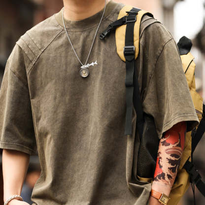 美式復古鯊魚腮設計短袖T恤男225g成服染色做舊硬漢上衣