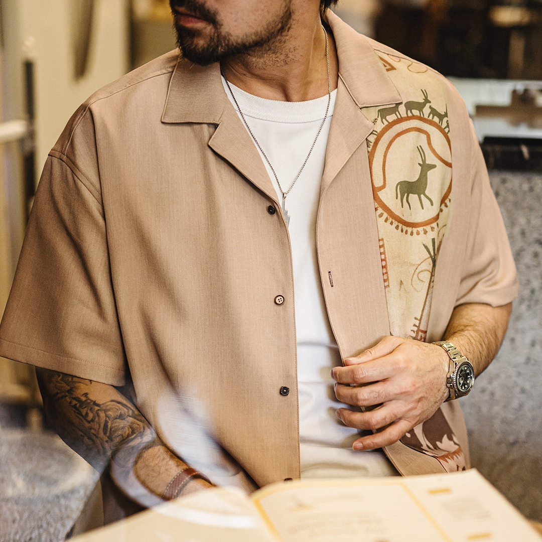 美式復古印花古巴領襯衫印第安薄款短袖棉襯衣外套男士夏