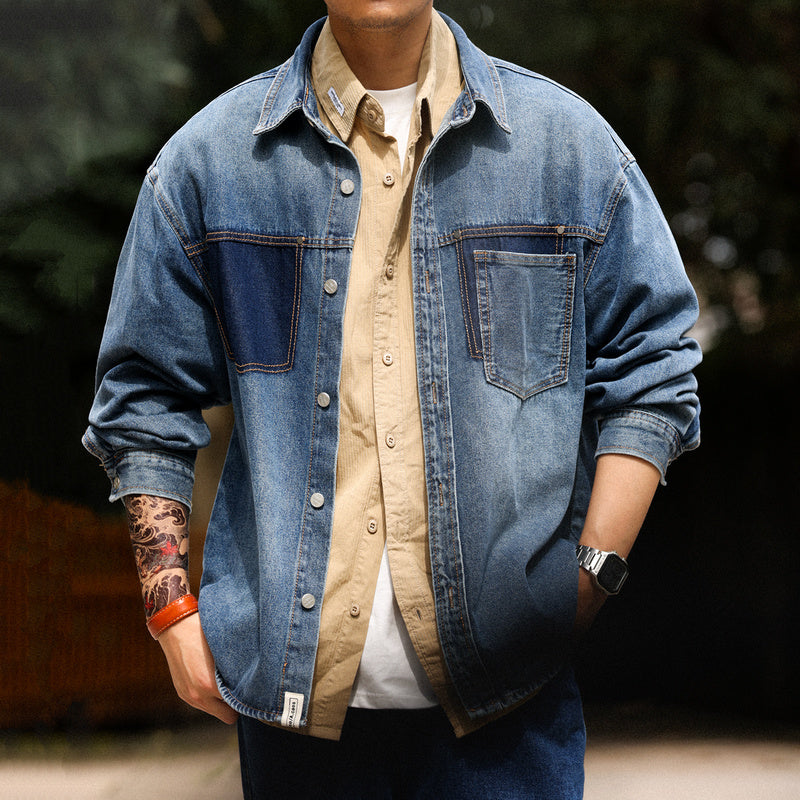 美式復古重磅牛仔襯衫男寬鬆撞色口袋設計高級感長袖夾克外套-Retro's Wear