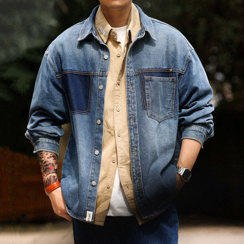 美式復古重磅牛仔襯衫男寬鬆撞色口袋設計高級感長袖夾克外套-Retro's Wear