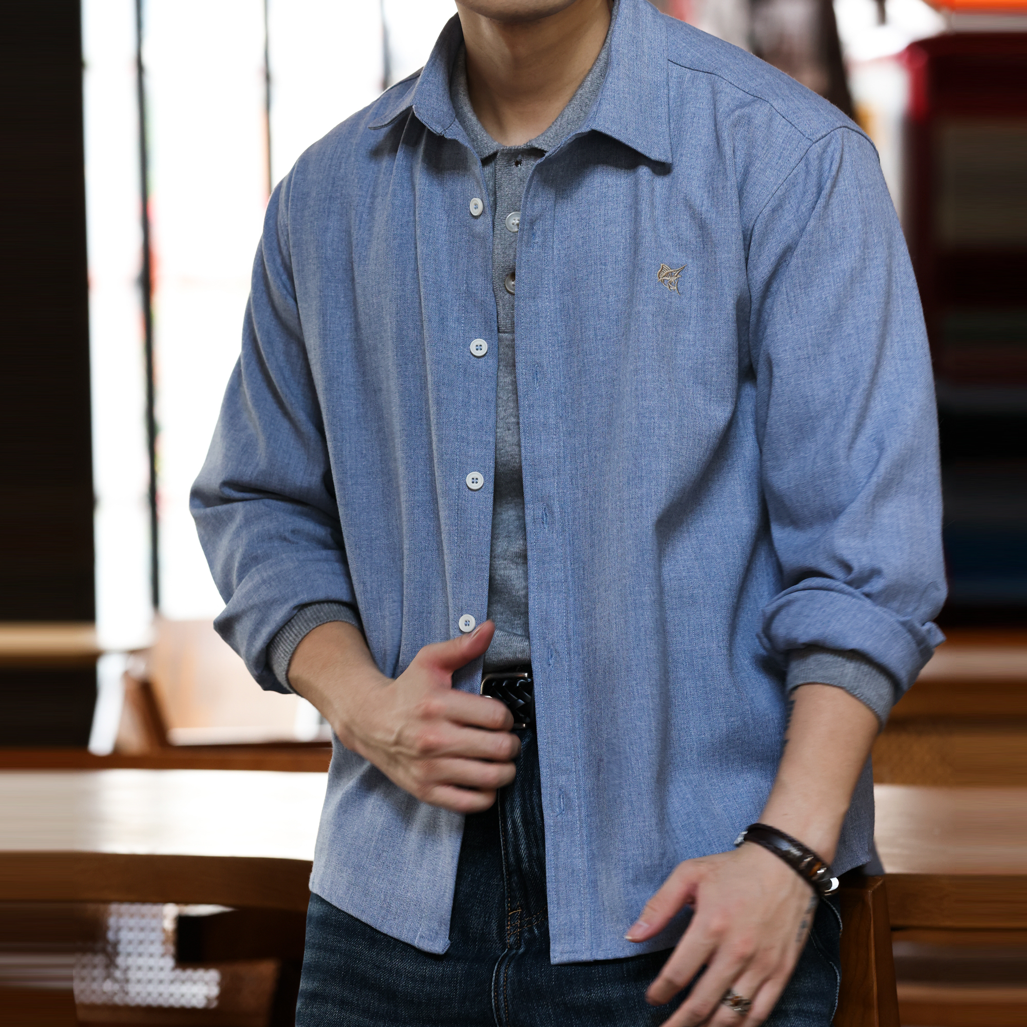 美式休閒仿麻繡花長袖襯衫男老錢通勤抗皺疊穿襯衣外套