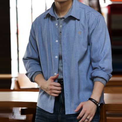 美式休閒仿麻繡花長袖襯衫男老錢通勤抗皺疊穿襯衣外套