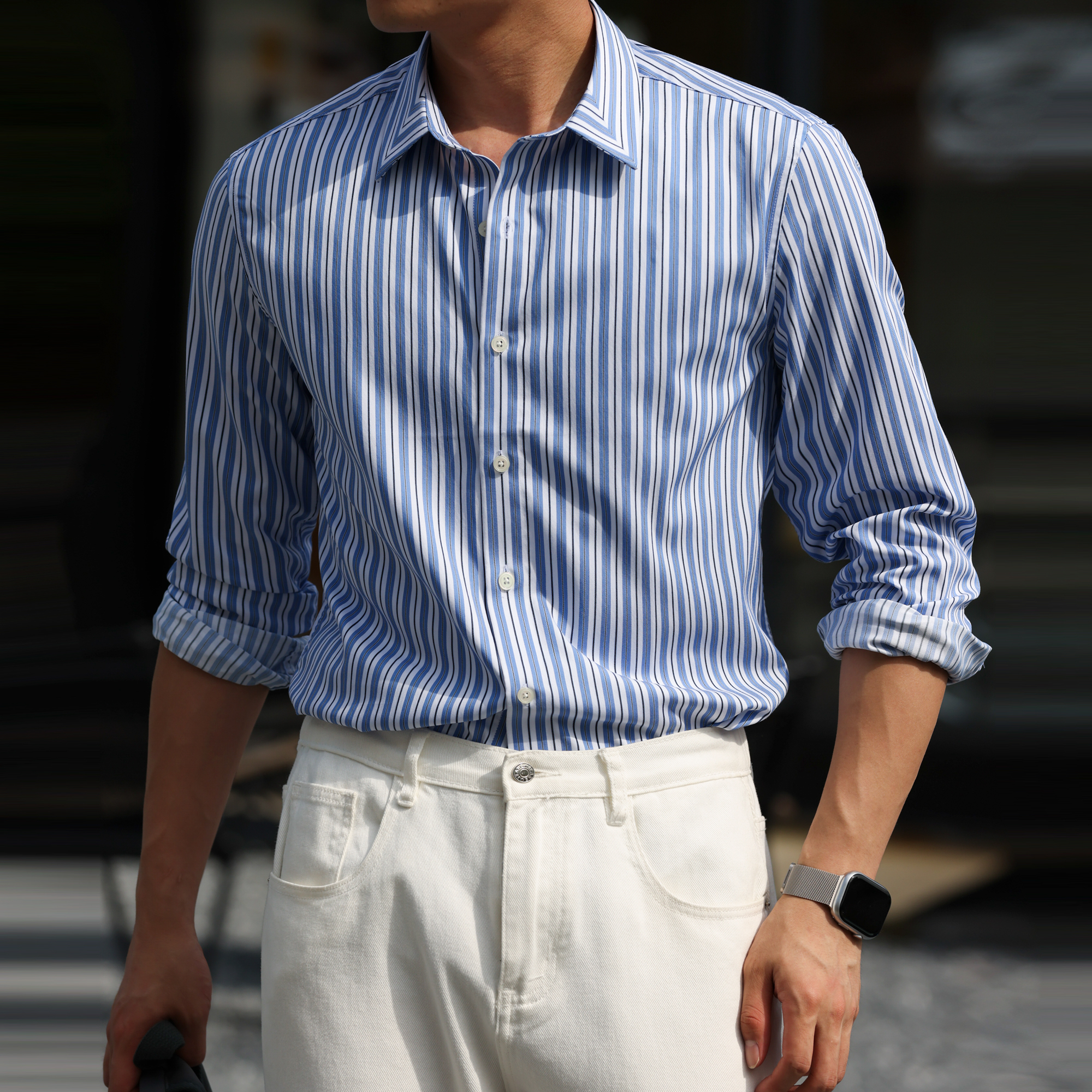 130g莫代爾豎條紋長袖襯衫男休閒親膚免燙輕奢感襯衣秋