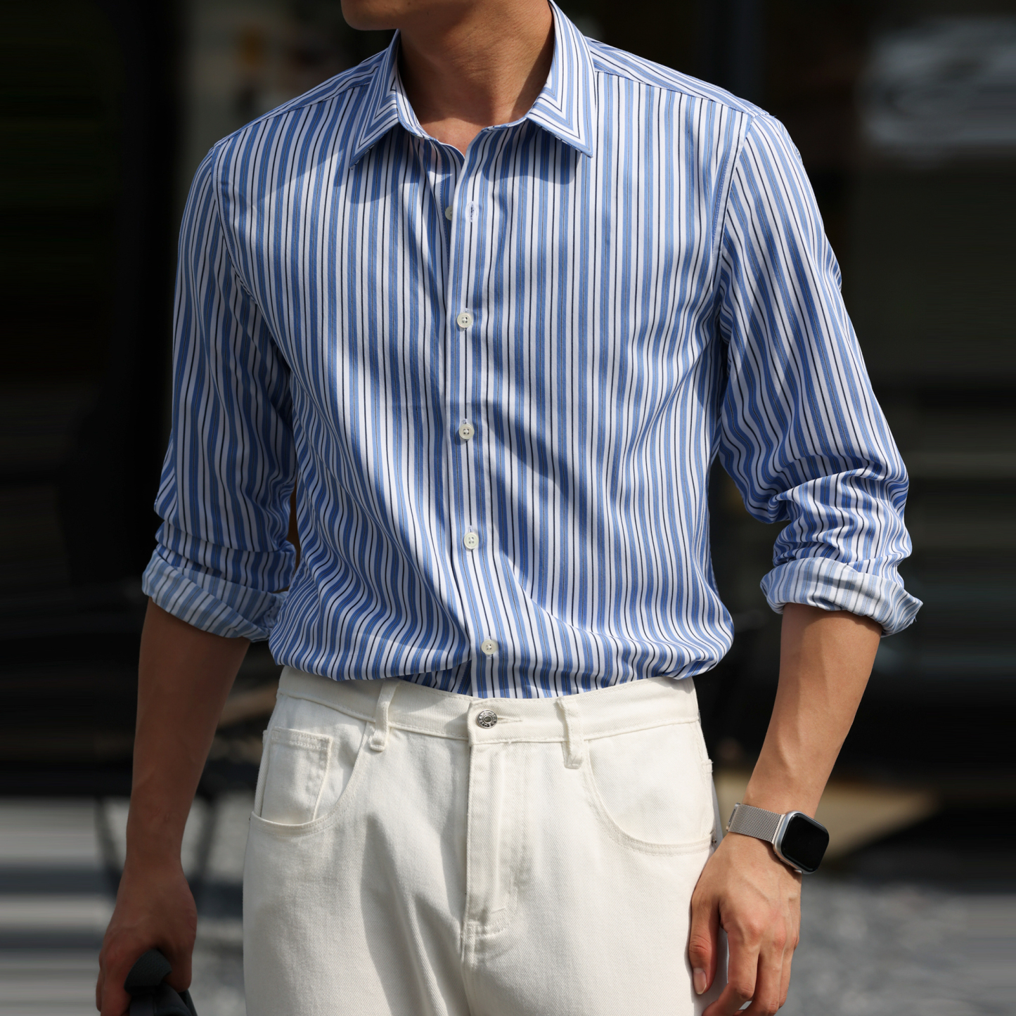 130g莫代爾豎條紋長袖襯衫男休閒親膚免燙輕奢感襯衣秋