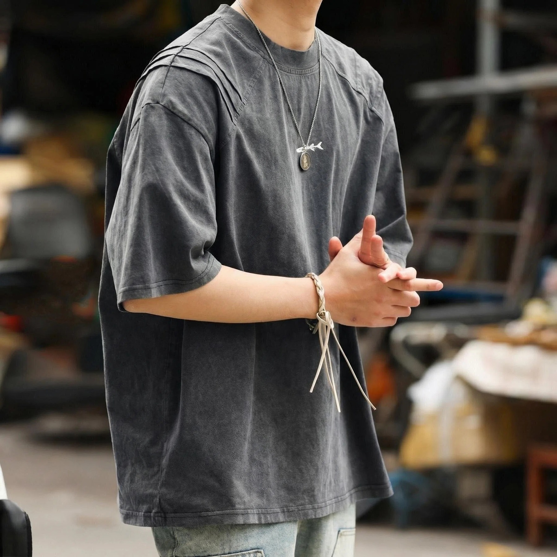 美式復古鯊魚腮設計短袖T恤男225g成服染色做舊硬漢上衣