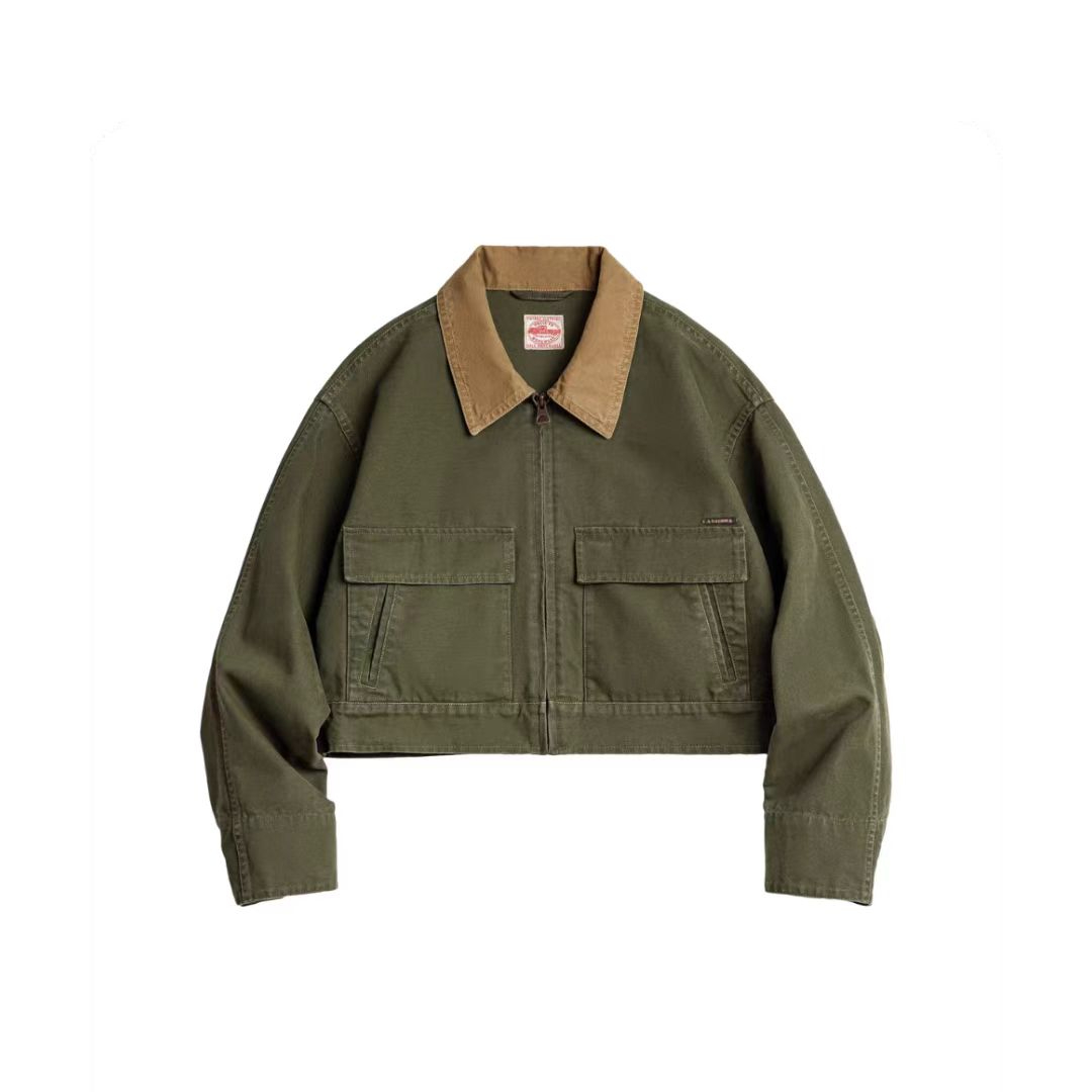 巴恩風撞色帆布獵裝夾克美式工裝外套全棉復古翻領上衣春季女