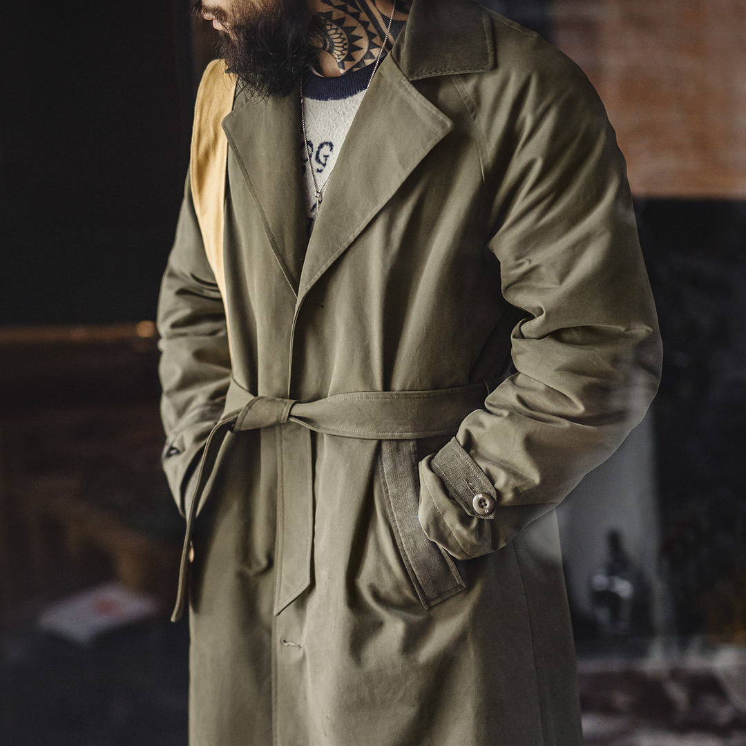 美式復古戰壕風衣軍綠色中長款翻領純棉大衣外套男款春