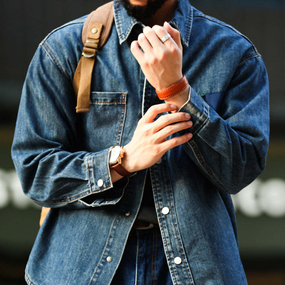 美式復古賽絡紡牛仔襯衫男戶外撞色拼接口袋工裝襯衣外套秋-Retro's Wear