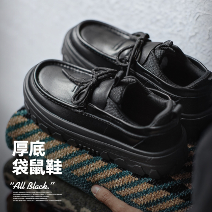 袋鼠鞋冬季新款男士厚底增高黑色通勤英倫風軟底方頭休閒皮鞋
