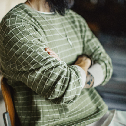 美式復古格子圓領衛衣格紋綠色長袖T恤套頭短款外套男春