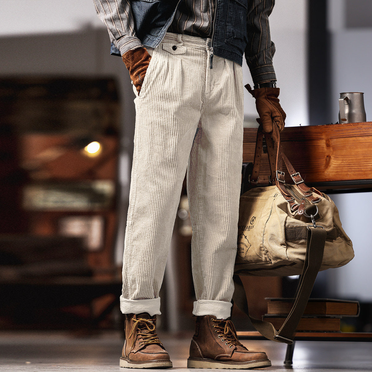 美式復古重磅燈芯絨休閒褲男秋季潮牌寬鬆直筒工裝休閒褲子