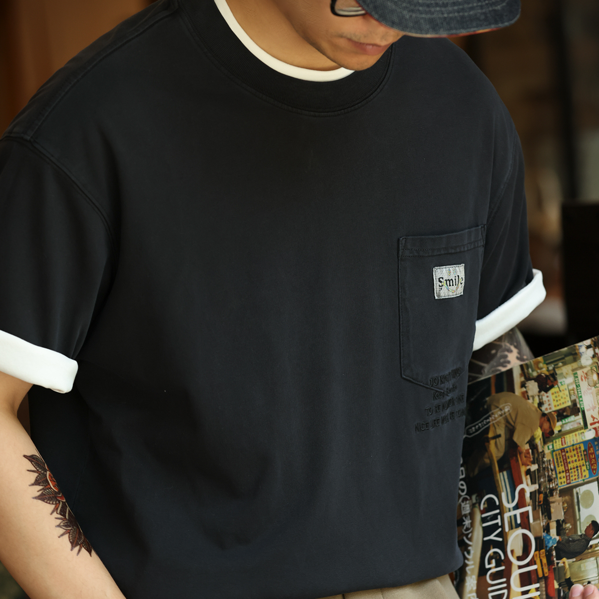 美式復古重磅水洗做舊T恤男260g純棉口袋刺繡短袖打底衫