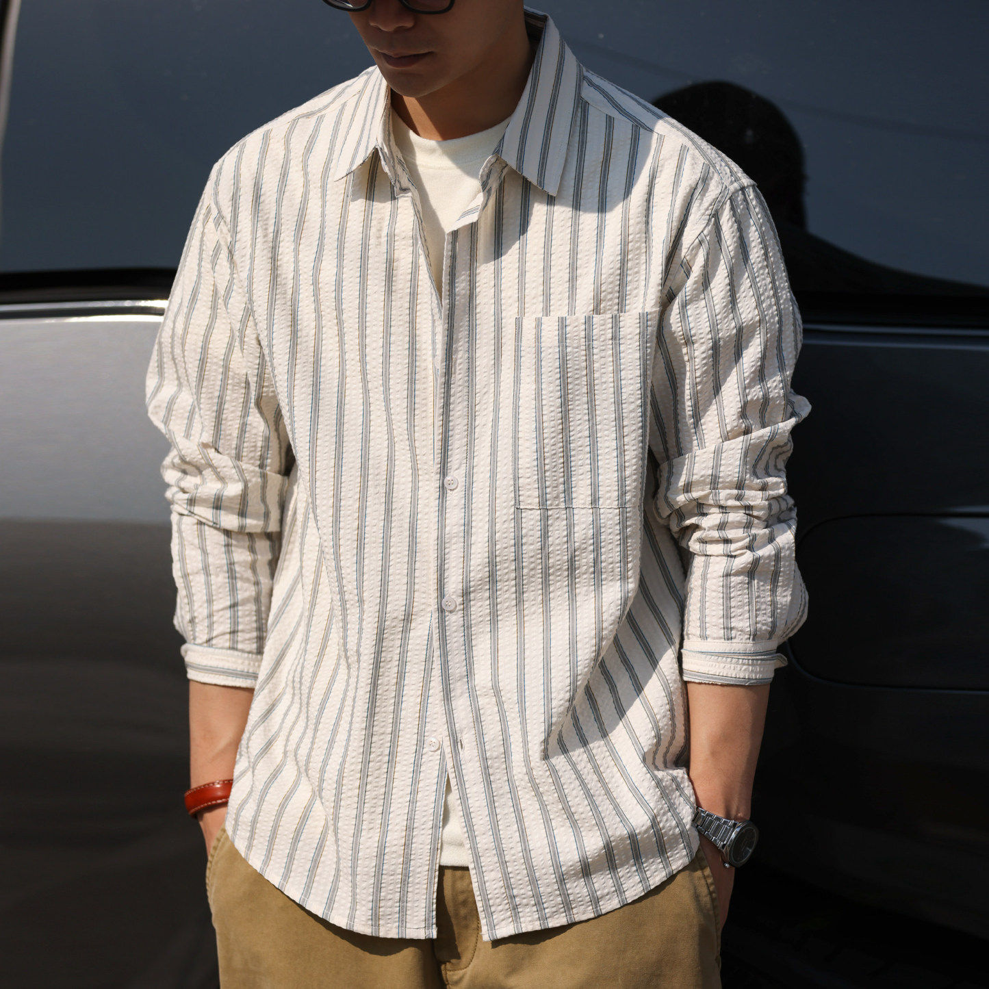 美式休閒立體泡泡紗長袖條紋襯衫男100%純棉復古襯衣春