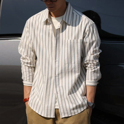美式休閒立體泡泡紗長袖條紋襯衫男100%純棉復古襯衣春