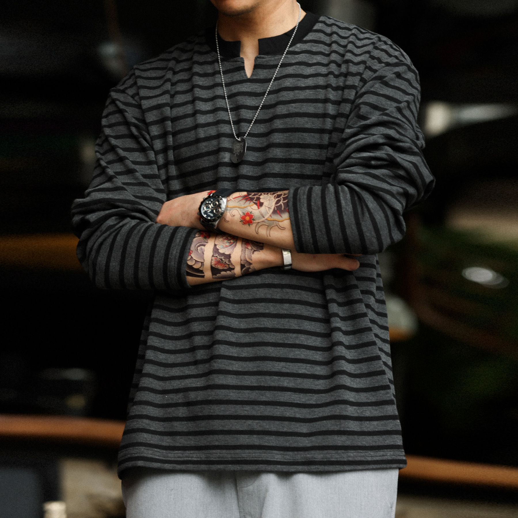 美式復古280g重磅海魂衫男休閒鬆弛感條紋小v領長袖T恤