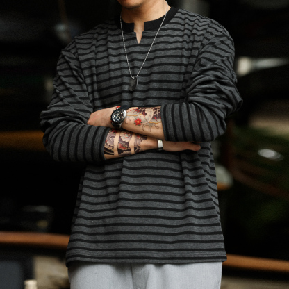 美式復古280g重磅海魂衫男休閒鬆弛感條紋小v領長袖T恤