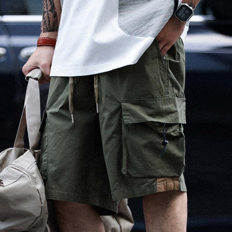 美式復古山地工裝短褲男寬鬆運動薄款純棉抽繩休閒五分褲-Retro's Wear