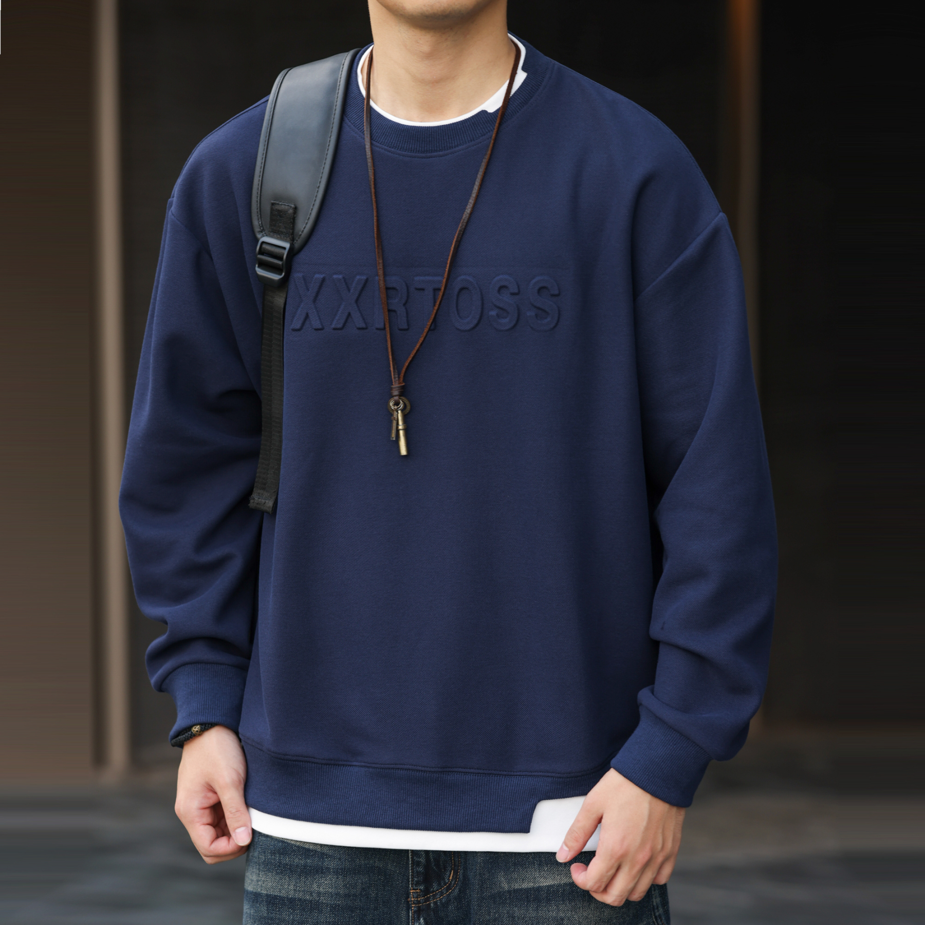 美式復古320g假兩件圓領衛衣男3D立體鋼印套頭無帽上衣