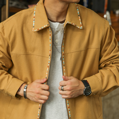 美式復古高級感帆布夾克男vintage織條設計翻領工裝外套