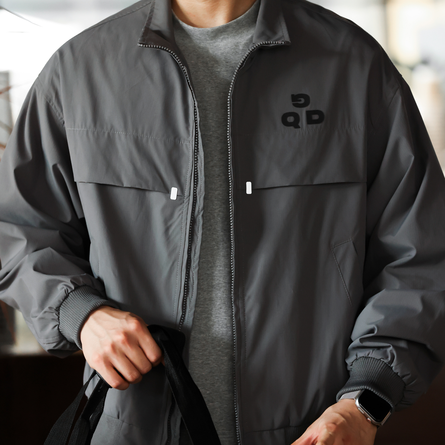 美式休閒防潑水立領夾克男高級感拼接通勤哈靈頓工裝外套