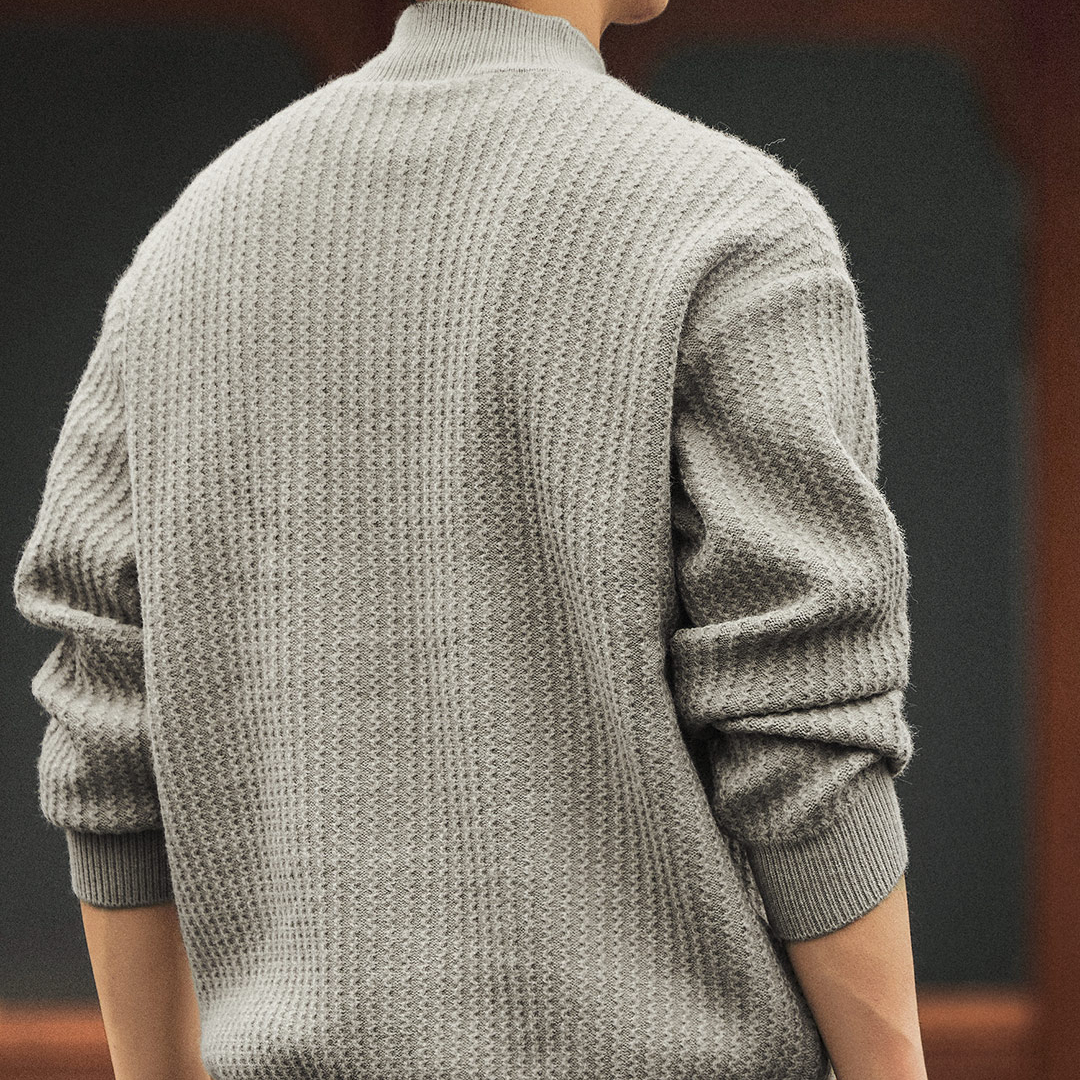新中式半高領豎紋提花肌理感針織衫男士秋冬款加厚重磅毛衣
