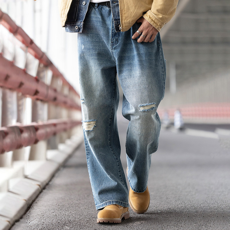 MRA復古內華達水洗猫須直筒軟牛仔褲不規則破洞淺藍長褲男秋