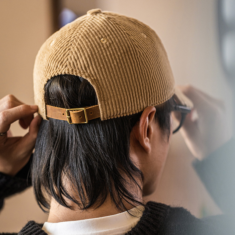 MRA可調節彎簷燈芯絨棒球帽大頭圍卡其色軟頂鴨舌深帽子男女