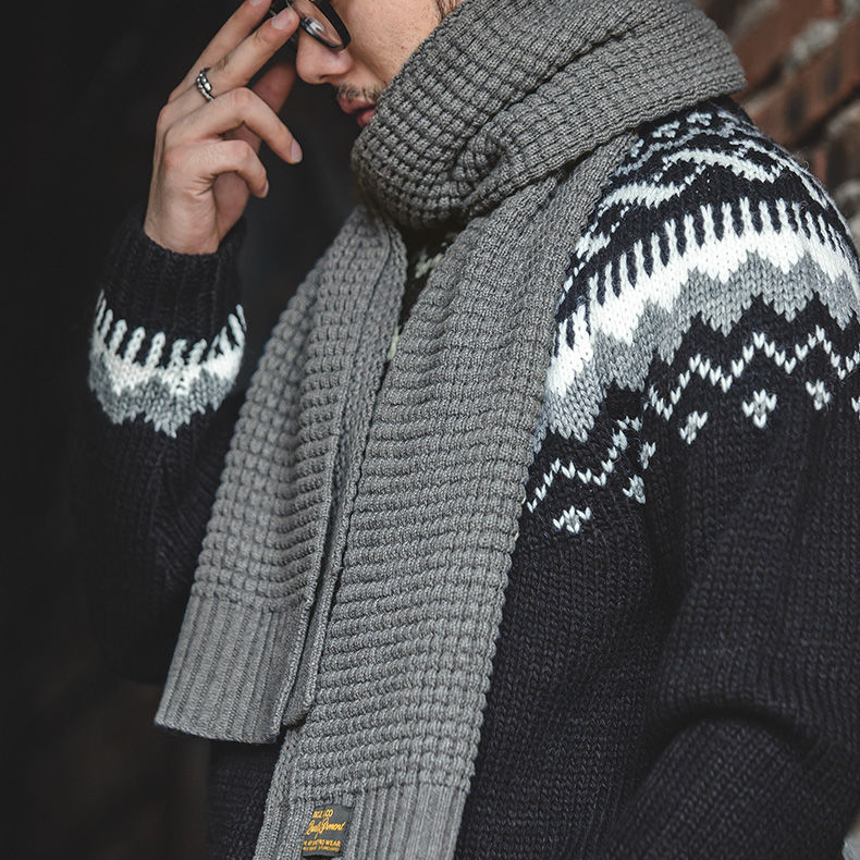 美式復古淺灰針織毛線圍巾秋冬含羊毛純色保暖圍脖男潮