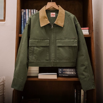 巴恩風撞色帆布獵裝夾克美式工裝外套全棉復古翻領上衣春季女