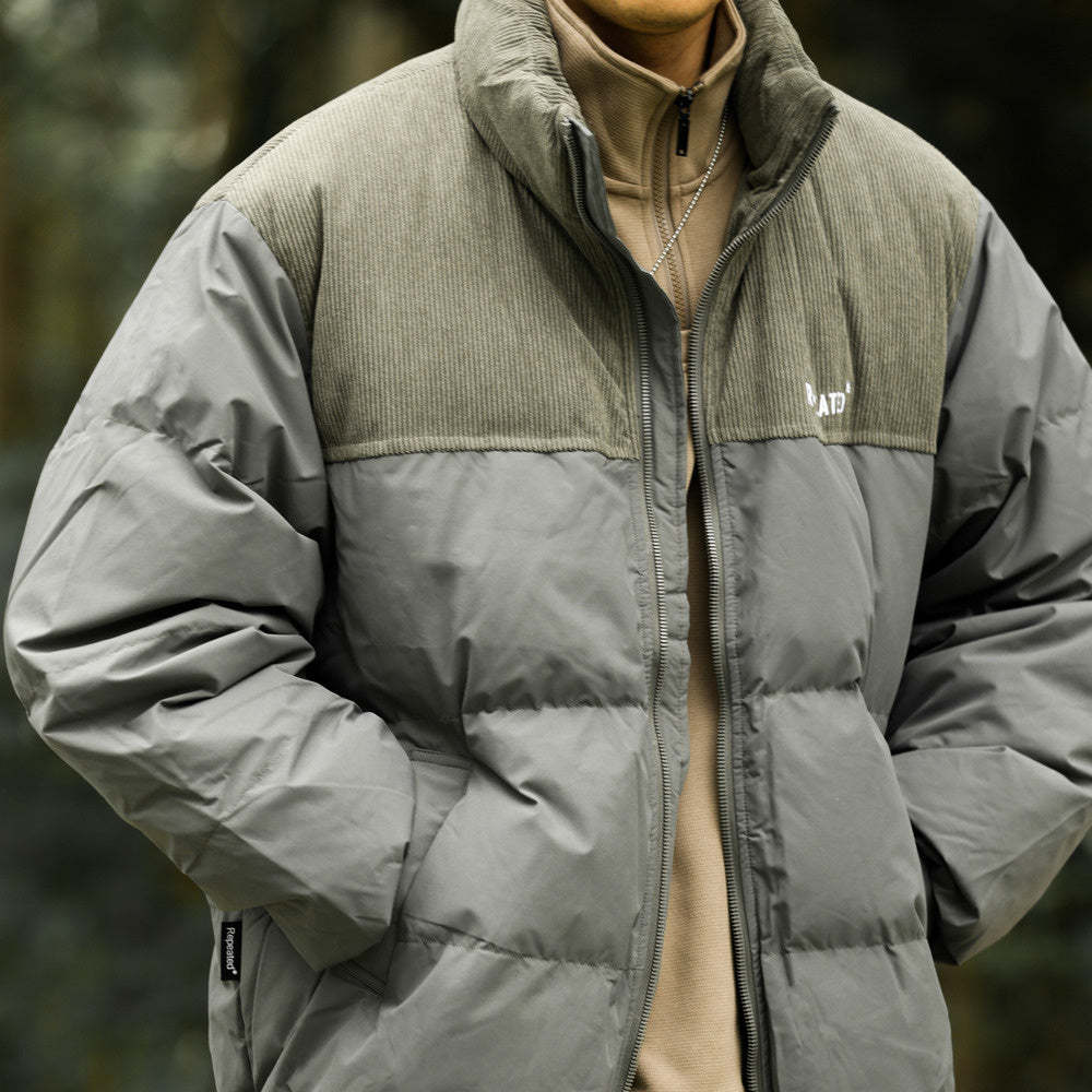 冬季新款立領羽絨服男短款90白鴨絨保暖加厚拼接麵包服外套-Retro's Wear