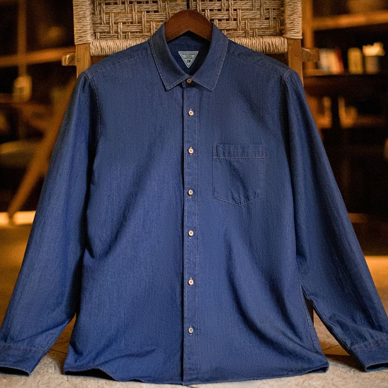 美式復古單口袋工裝牛仔襯衫丹寧休閒長袖修身襯衣男春季