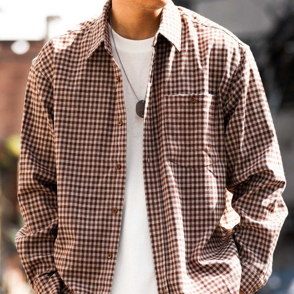 法式復古磨毛小格子長袖襯衫男寬鬆休閒口袋高級感襯衣外套-Retro's Wear