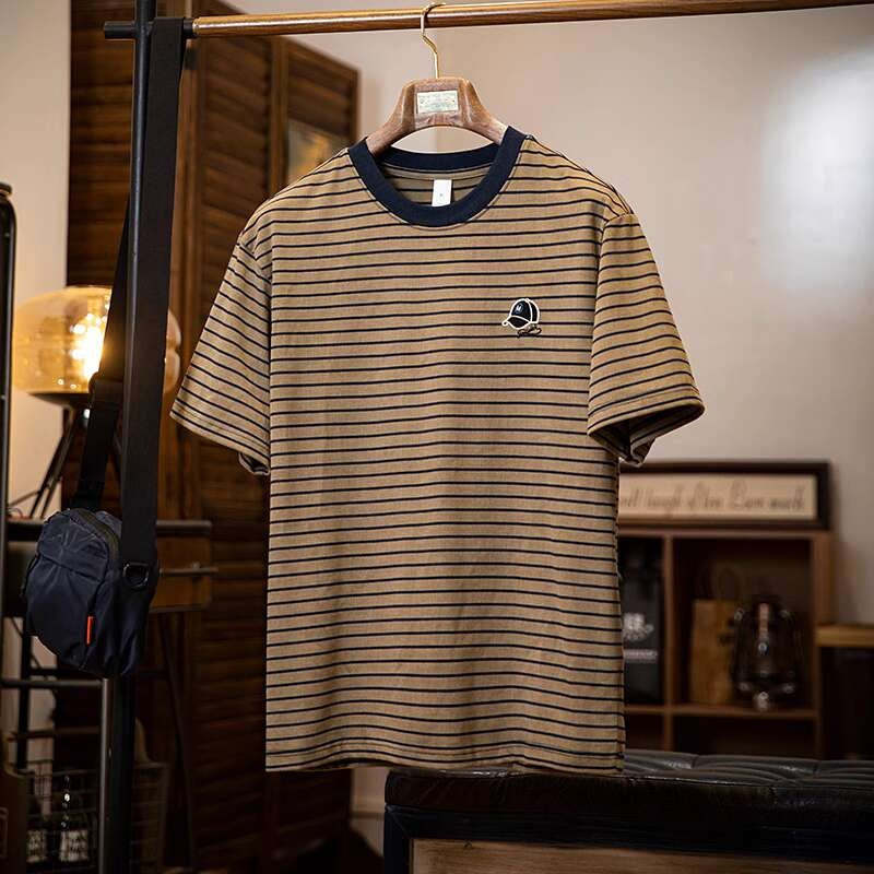 美式復古細條紋短袖t恤男2025夏季新款刺繡仿洗水做舊半袖男款夏t