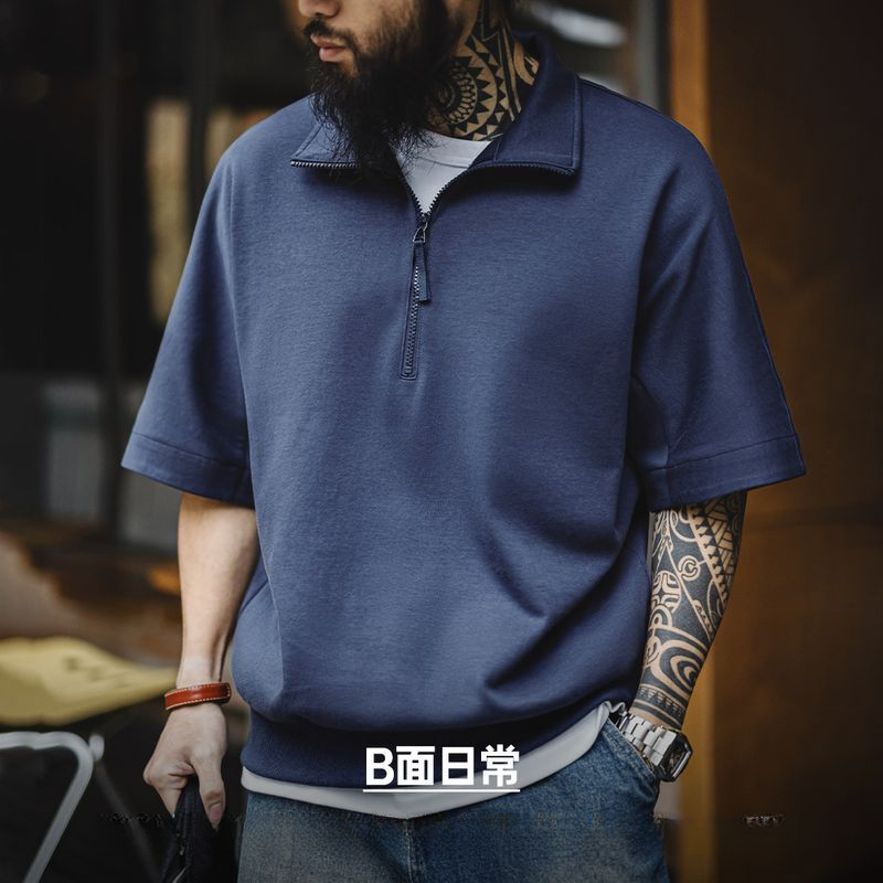 美式復古boro風半開襟polo古布印花寬鬆休閒翻領T恤男夏