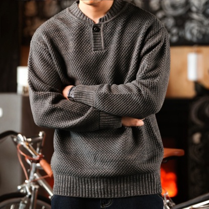 美式復古640g重磅鳳梨紋針織毛衣男士休閒套頭亨利領上衣