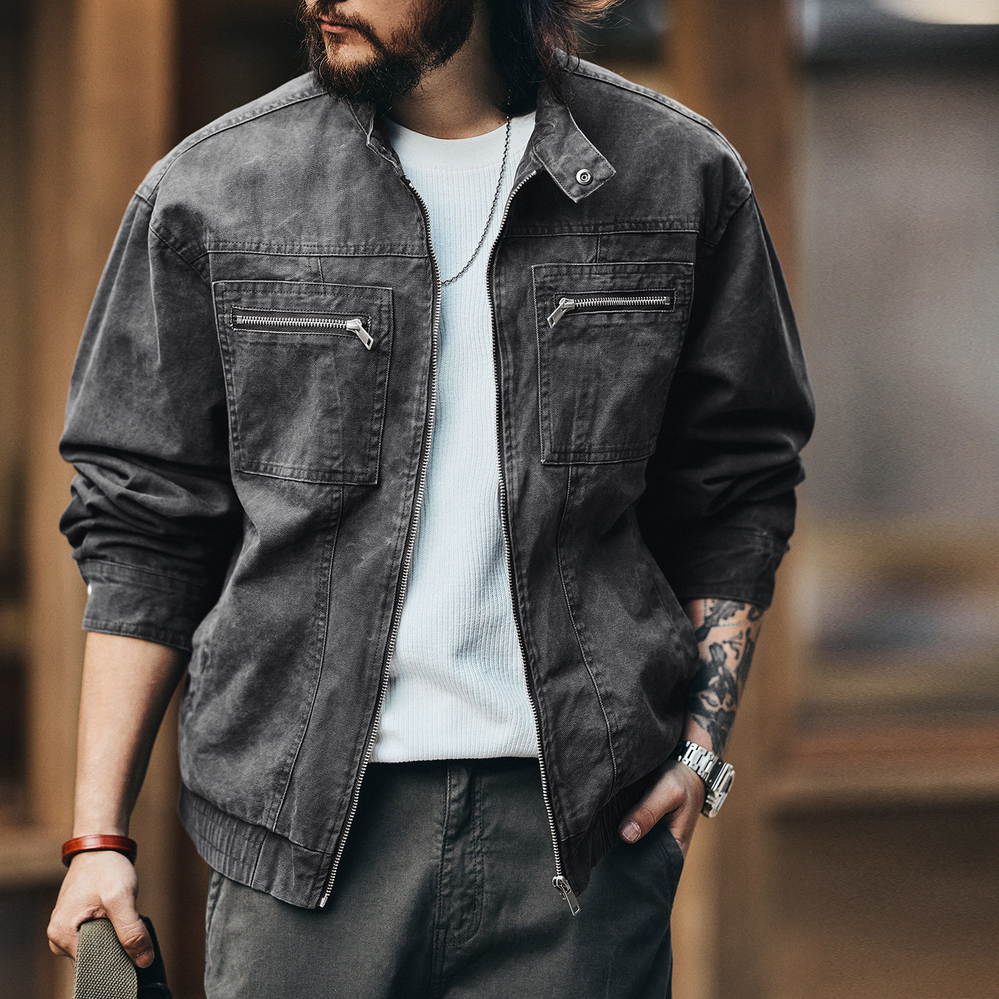 美式復古哈靈頓立領工裝夾克男士春季新款水洗做舊機車外套