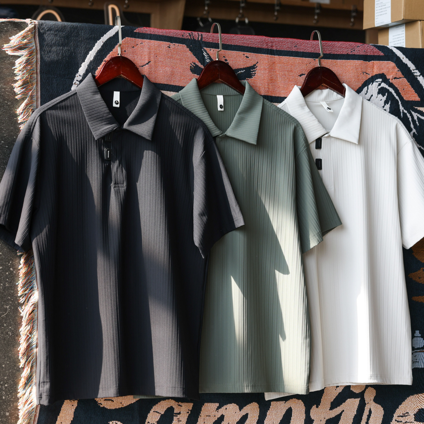 美式休閒凉感速幹POLO衫男寬鬆抗皺豎紋肌理翻領短袖T恤