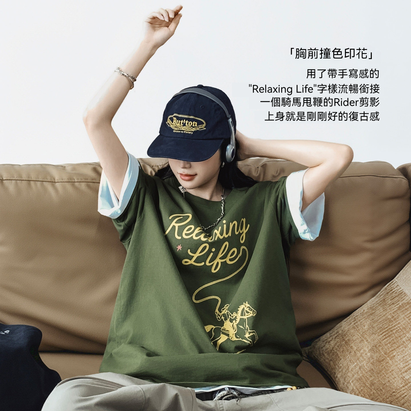 美式復古墨綠色圓領純棉寬鬆版落肩袖印花短袖T恤上衣女士夏