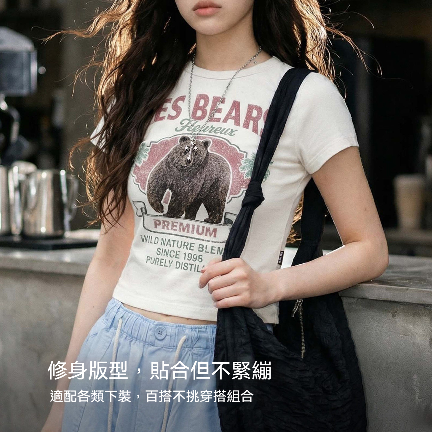 美式復古正肩修身輕薄短款吸濕速幹印花短袖T恤半袖上衣女夏