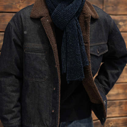 美式復古重磅羊羔絨外套男加絨加厚原色牛仔夾克棉衣冬